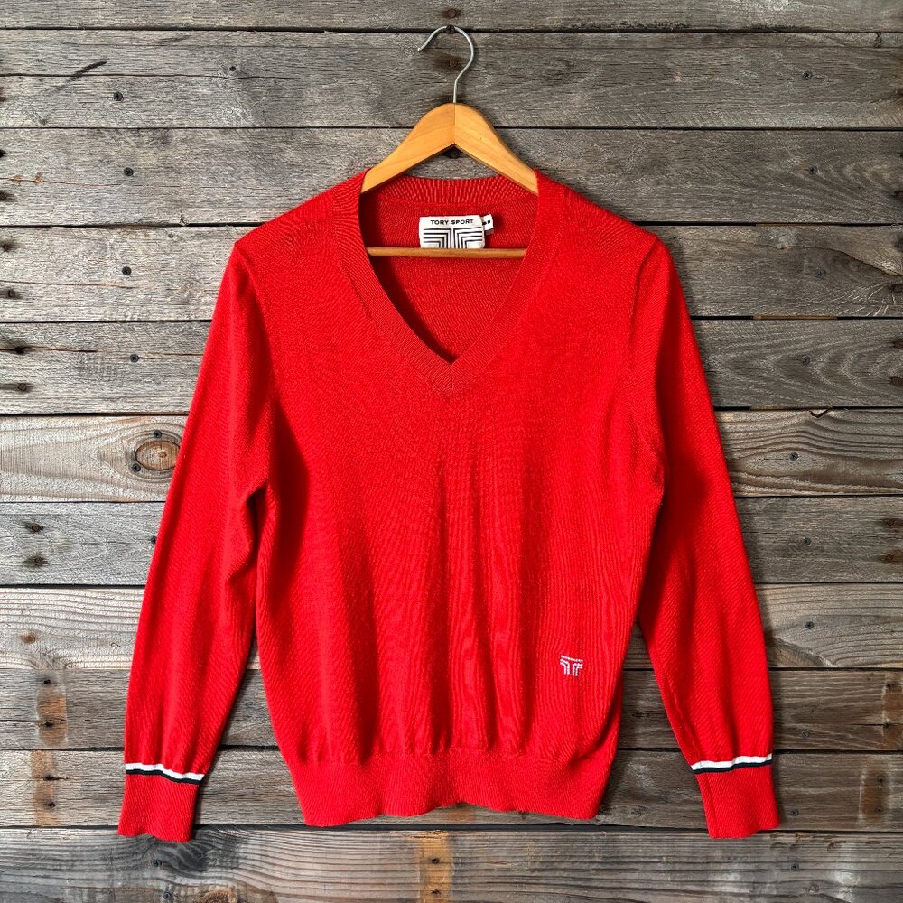 Tory Burch Tory Sport Orange V-Neck Wool/Poly Blend Sweater - Size M